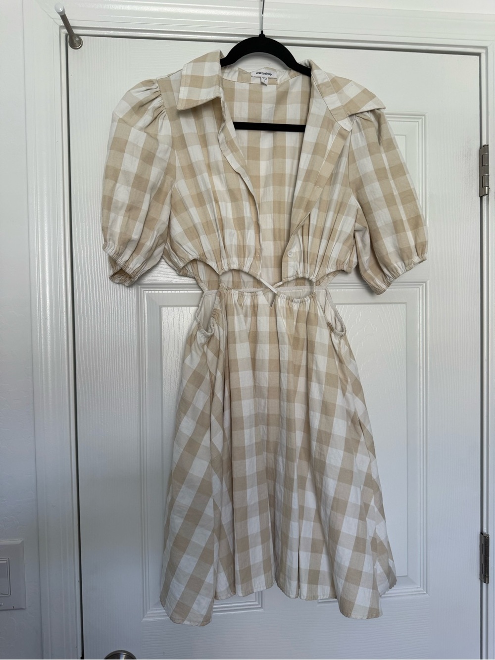 Beige and White Gingham Cutout Puff-Sleeve Midi Dress